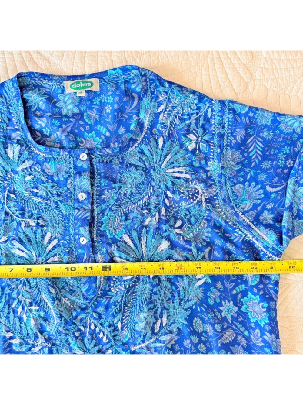 Dolma Blue 100% Silk Floral Embroidered Boho Coastal Resortwear Tunic XL - Picture 16 of 17